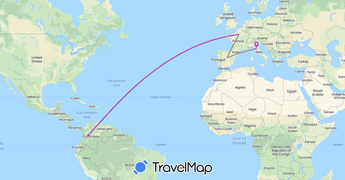 TravelMap itinerary: plane, train in Colombia, Spain, France, Italy (Europe, South America)